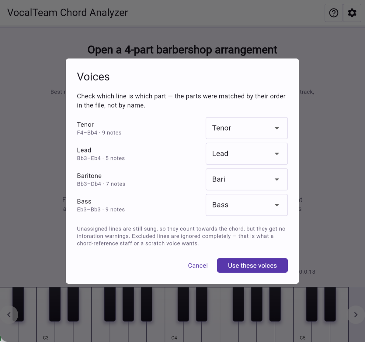 The Voices dialog, matching each line in the file to Tenor, Lead, Bari or Bass.