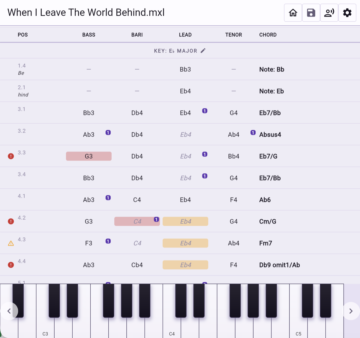 The chord list: one row per chord change, with the note sung by each part and the resulting chord name.